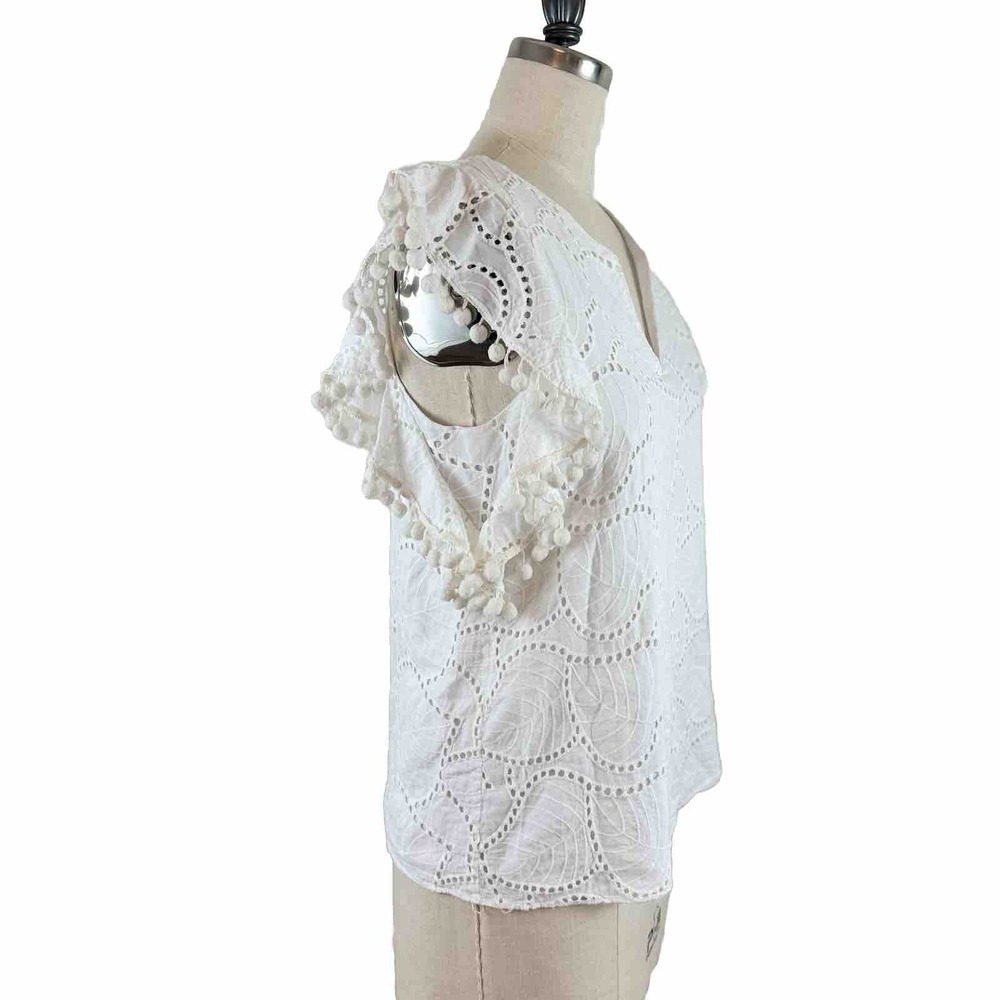 Lilly Pulitzer Blouse Astara Palm Tree Eyelet Ruffle Pom Pom Top White XS Preppy - Picture 4 of 10